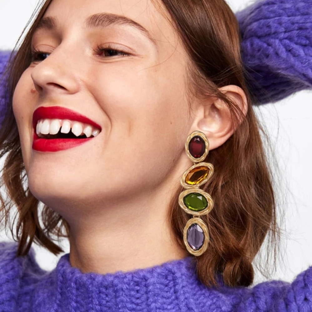 Vintage Style Colorful Crystal Indian Boho Gemstone Drop Statment Gold Earrings - Picture 4 of 4